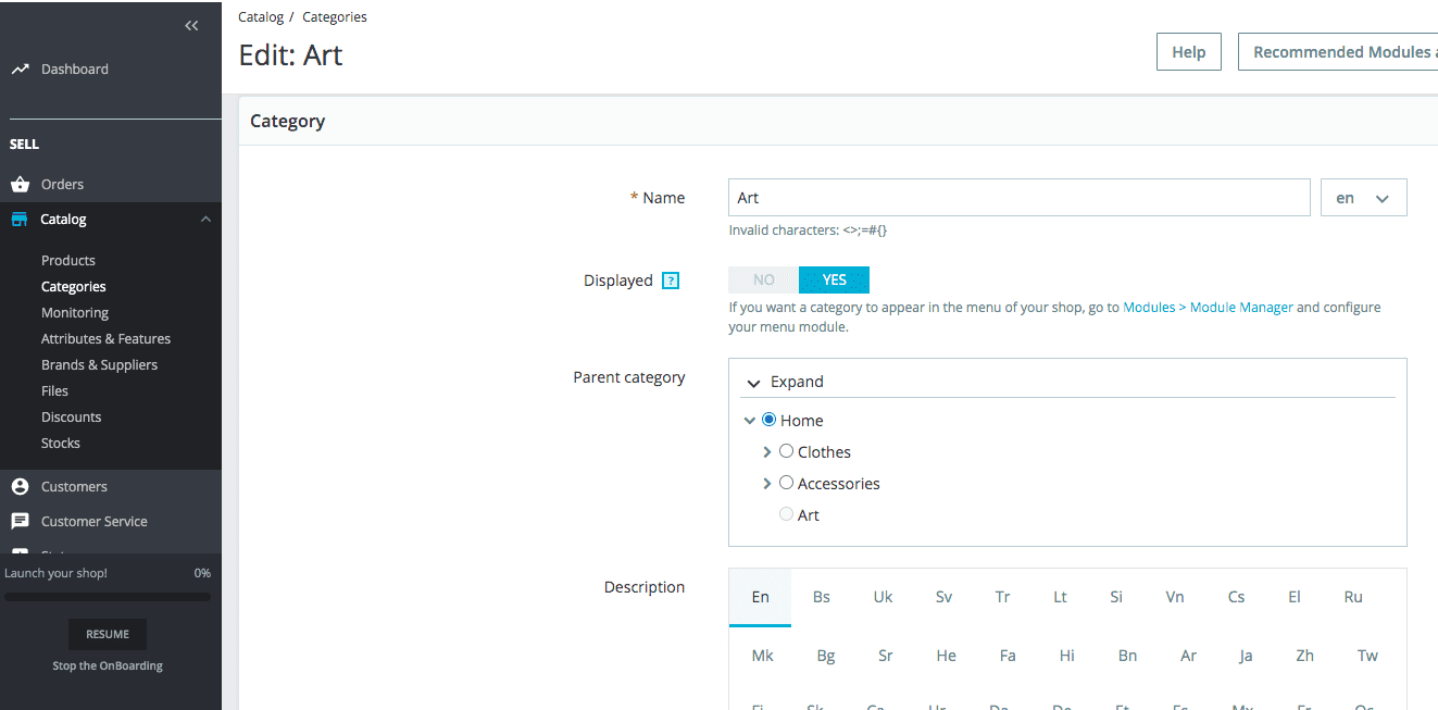 Categories in PrestaShop