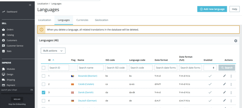 Languages PrestaShop