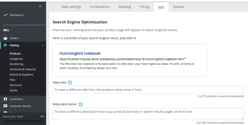 SEO tab in PrestaShop