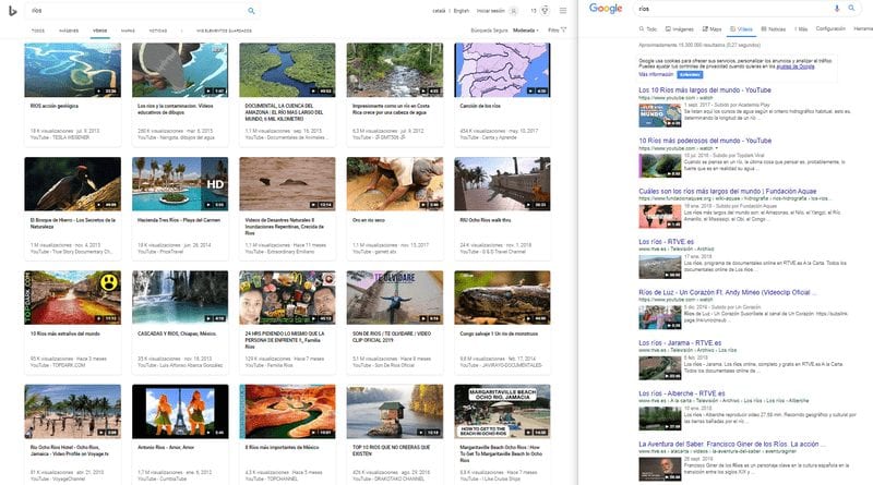 Bing and Google video search results